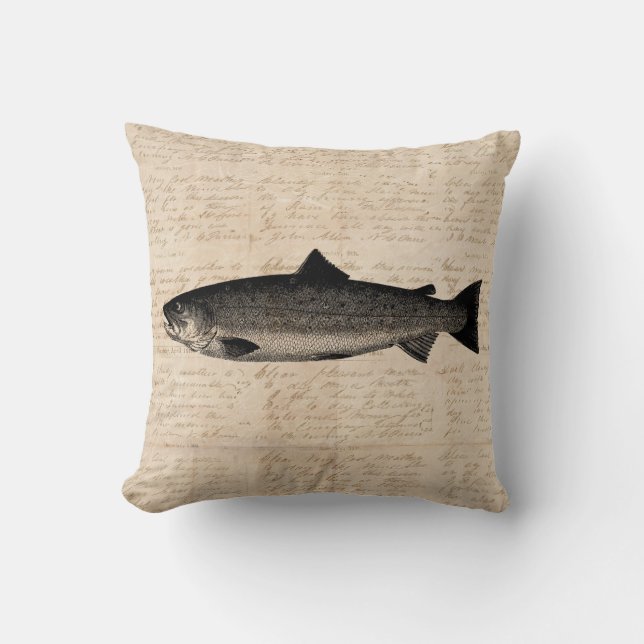 Antique Fishing Art Trout Fish Illustration Script Throw Pillow (Front)