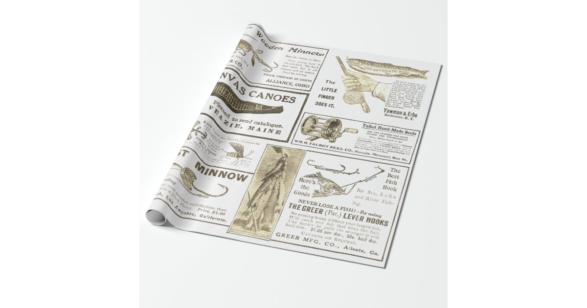 Antique Fishing Fisherman Ads Circa 1909 Lures Wrapping Paper