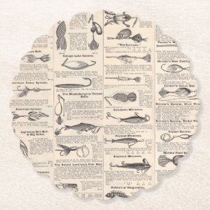 Antique Fishing Lures Catalog Page Vintage Print Paper Coaster