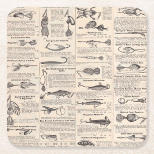 Antique Fishing Lures Catalog Page Vintage Print Square Paper Coaster