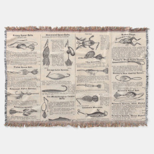 Antique Fishing Lures Catalog Page Vintage Print Throw Blanket