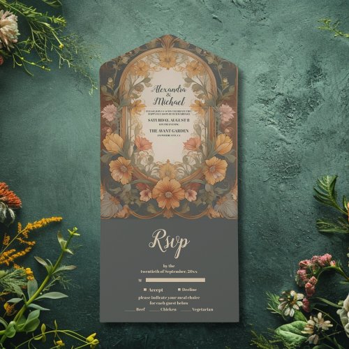 Antique Floral Art Nouveau Wedding All In One Invitation