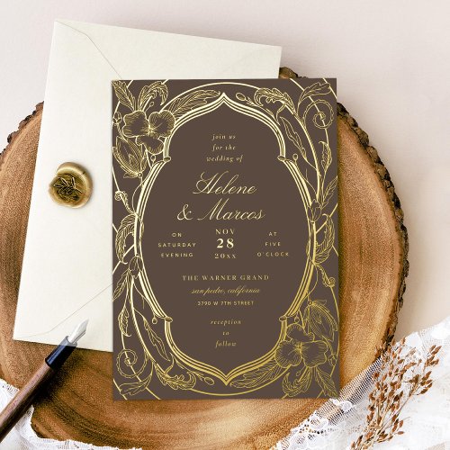 Antique Floral Art Nouveau Wedding Gold Foil Invitation