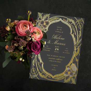 Antique Floral Art Nouveau Wedding Gray Gold Foil Invitation by beckynimoy at Zazzle