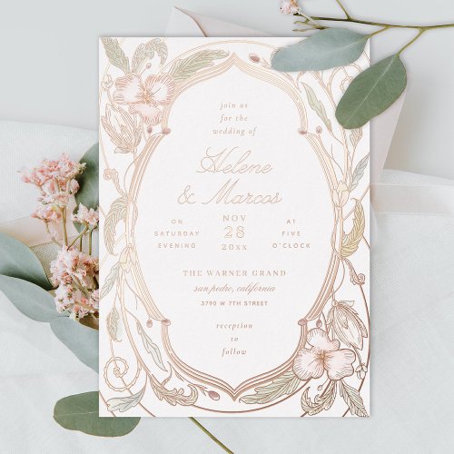 Antique Floral Art Nouveau Wedding Rose Gold Foil Invitation