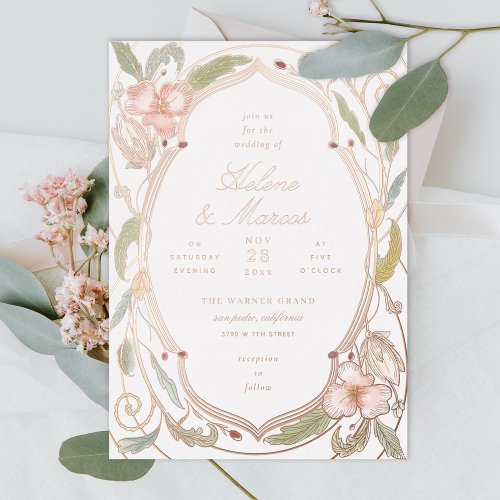 Antique Floral Art Nouveau Wedding Rose Gold II Foil Invitation