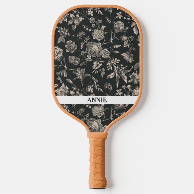 Antique Floral Black Toile Pickleball Paddle (Front)