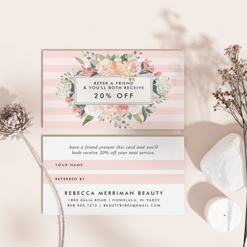 Antique Floral  Blush Pink Stripe Referral Card