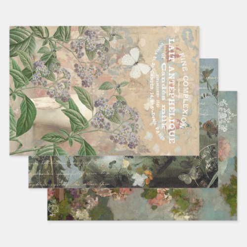 ANTIQUE FLORAL FINE ART AND TYPOGRAPHY DECOUPAGE WRAPPING PAPER SHEETS