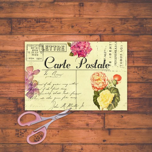 Antique Floral French Postcard Ephemera Decoupage Tissue Paper