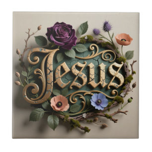 Antique Floral Gold Jesus Word Sign Ceramic Tile