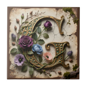 Antique Floral Gold Letter G Monogram Ceramic Tile