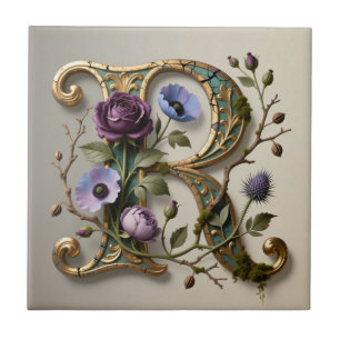 Antique Floral Gold Letter R Monogram Ceramic Tile