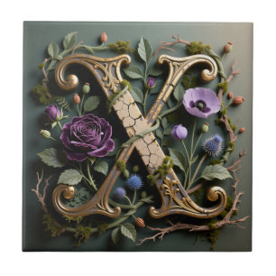 Antique Floral Gold Letter X Monogram Ceramic Tile