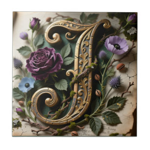 Antique Floral Gold Patina Letter J Ceramic Tile