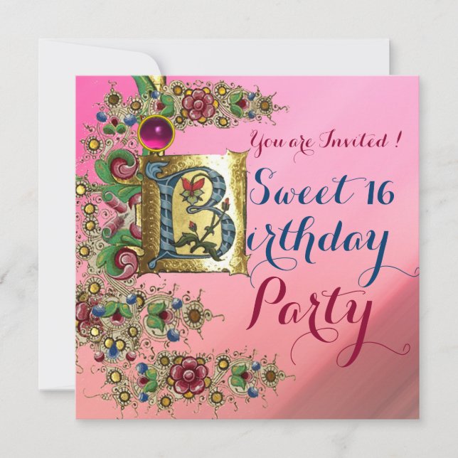 ANTIQUE FLORAL GOLD PINK SWEET 16  BIRTHDAY PARTY INVITATION (Front)