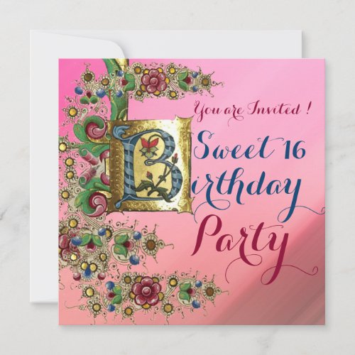 ANTIQUE FLORAL GOLD PINK SWEET 16  BIRTHDAY PARTY INVITATION