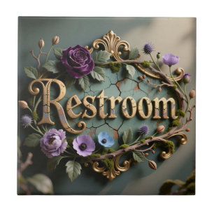 Antique Floral Gold Restroom Door Sign Ceramic Tile