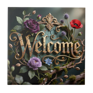Antique Floral Gold Welcome Dark Sign Ceramic Tile
