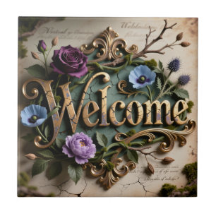 Antique Floral Gold Welcome Round Sign Ceramic Tile