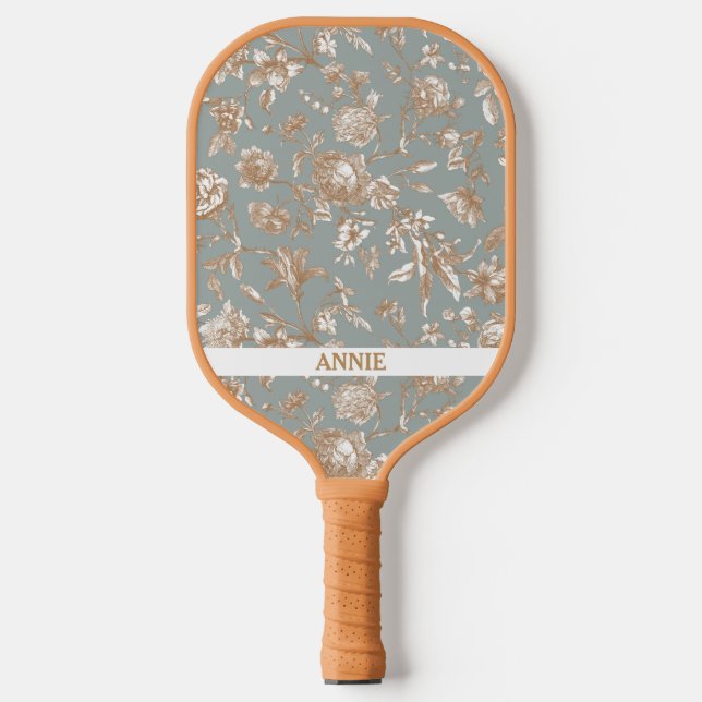 Antique Floral Gray Blue Toile Pickleball Paddle (Front)