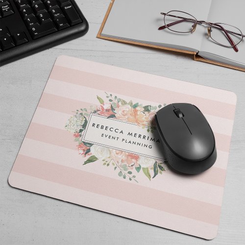 Antique Floral Logo  Blush Pink Stripe Mouse Pad
