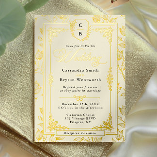 Antique Floral Monogram Crest Gold Frame Wedding Foil Invitation