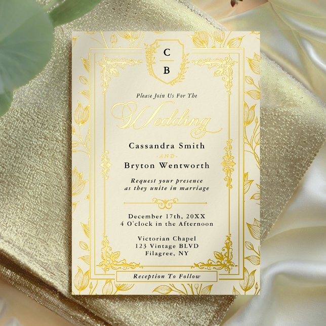 Antique Floral Monogram Crest Gold Frame Wedding Foil Invitation (Antique Floral Monogram Crest Gold Frame Wedding Foil Invitation)