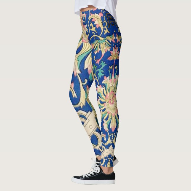  Antique Floral Oriental Pattern Deep Royal Blue Leggings (Left)