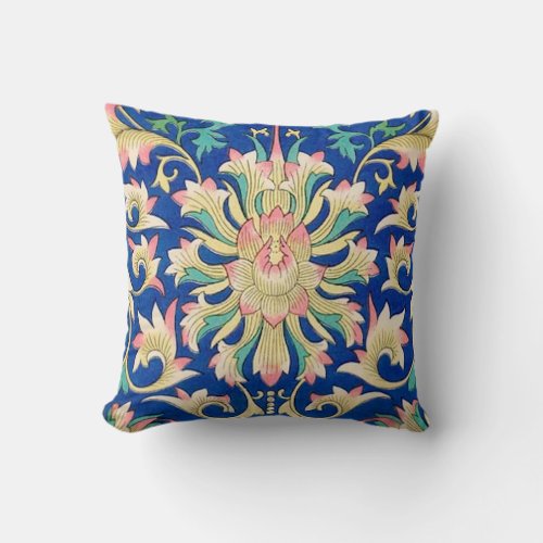Antique Floral Oriental Pattern Deep Royal Blue Throw Pillow