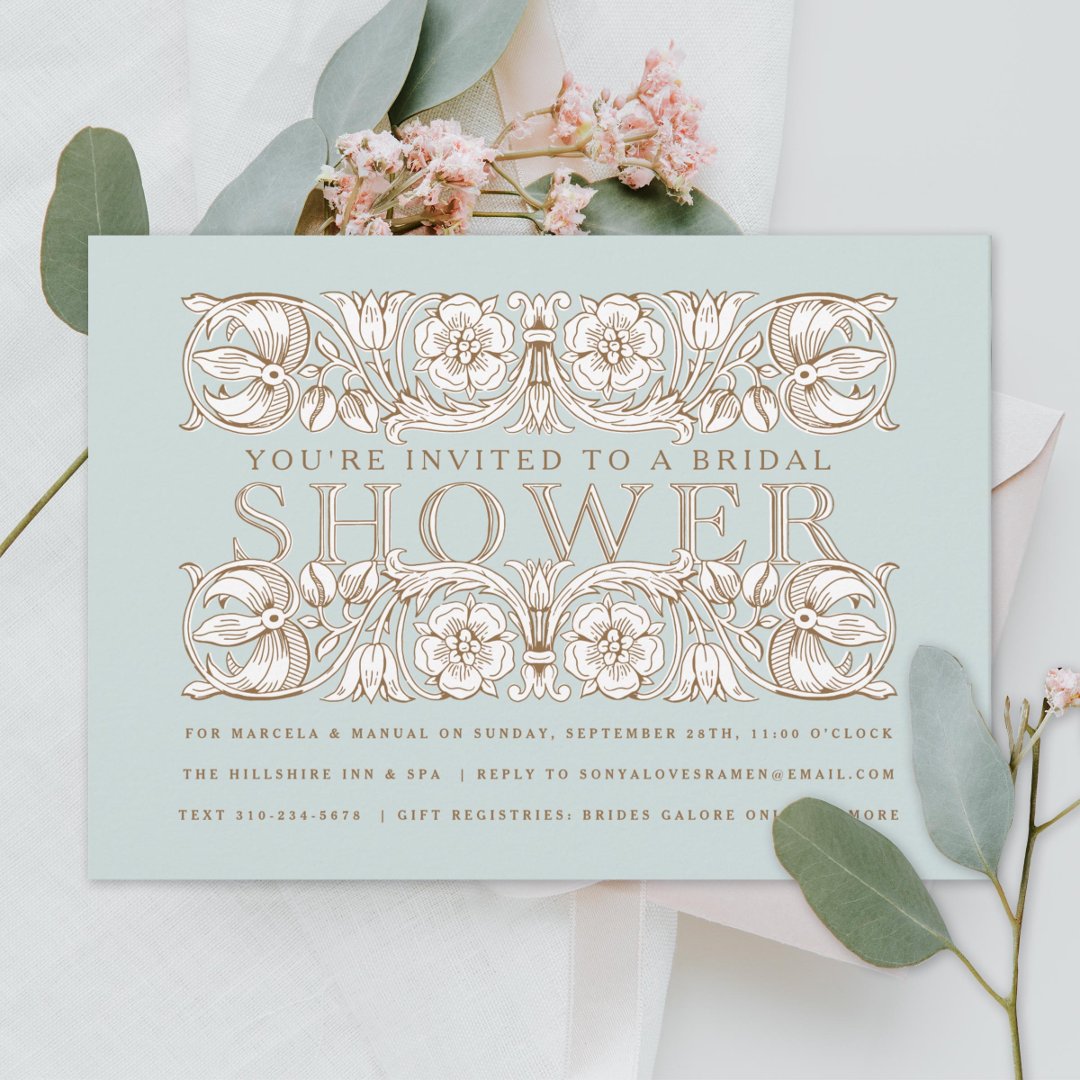 Antique Floral Ornaments Blue Bridal Shower                    Invitation