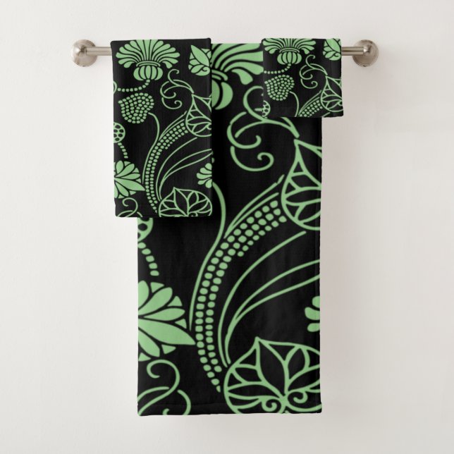 Antique Floral Pattern Black and Green Bath Towel Set (Insitu)
