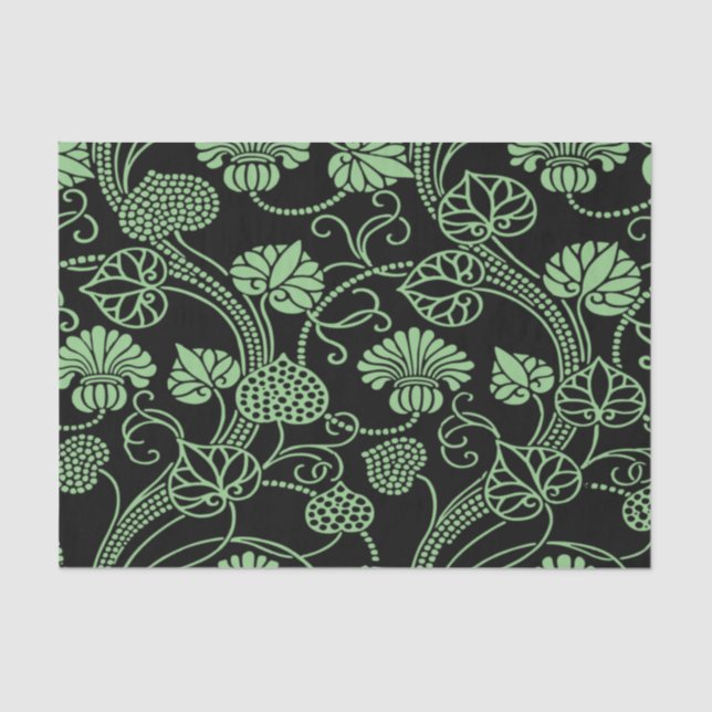Antique Floral Pattern Black and Green Tissue Paper (Front)