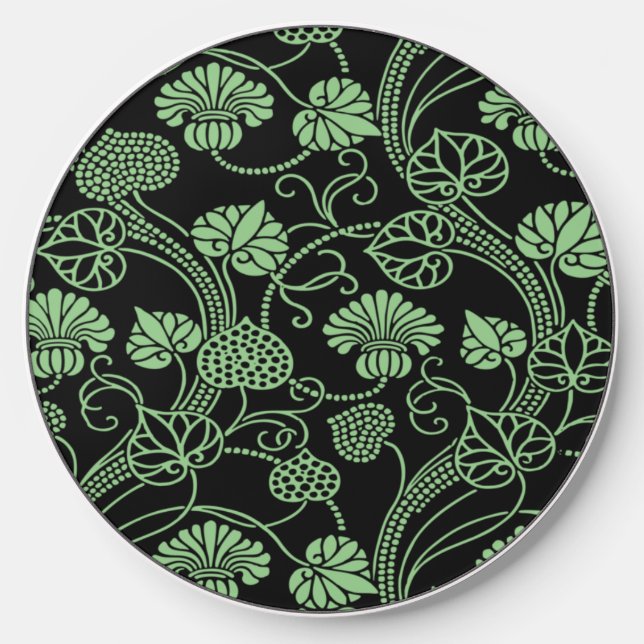 Antique Floral Pattern Black and Green Wireless Charger (Front)