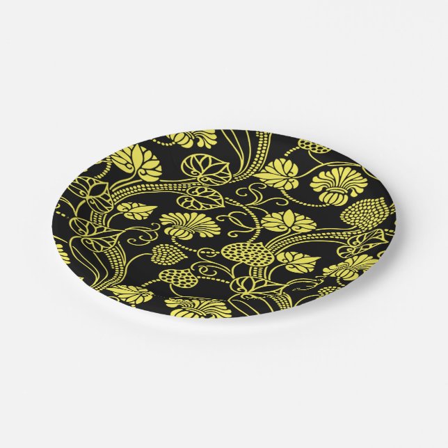 Antique Floral Pattern Black and Yellow Paper Plates (Angled)