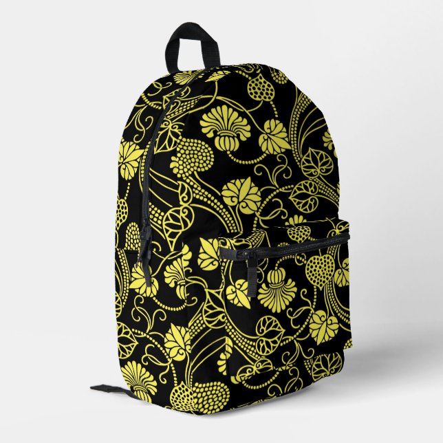 Antique Floral Pattern Black and Yellow Printed Backpack (Back Corner Left)