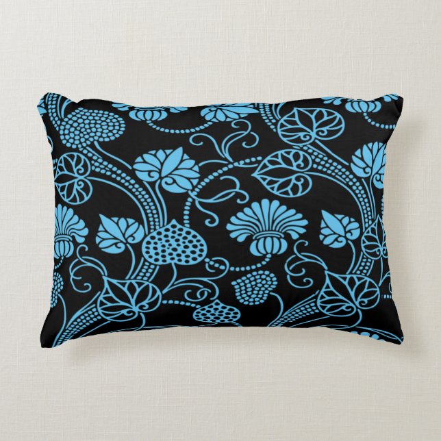 Antique Floral Pattern Black on Blue Accent Pillow (Front)