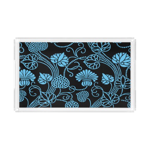 Antique Floral Pattern Black on Blue Acrylic Tray