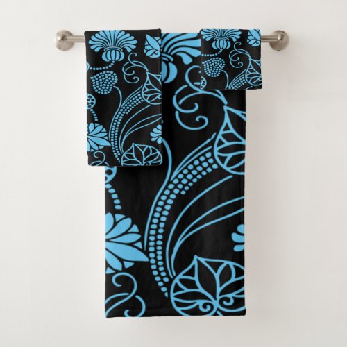 Antique Floral Pattern Black on Blue Bath Towel Set