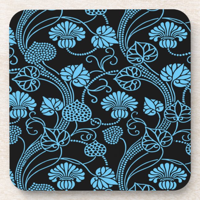Antique Floral Pattern Black on Blue Beverage Coaster (Front)