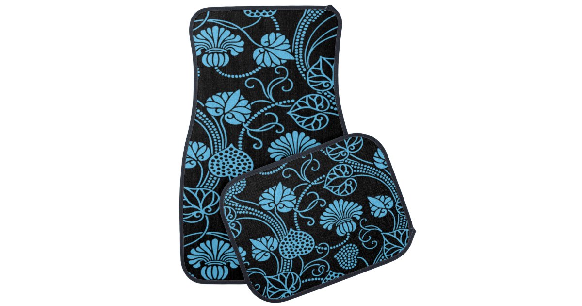 Antique Floral Pattern Black on Blue Car Floor Mat Zazzle