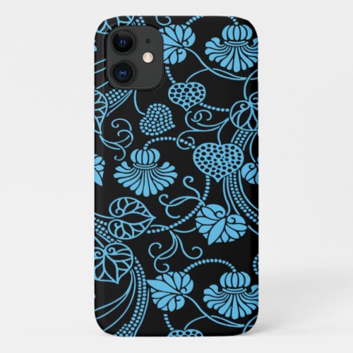 Antique Floral Pattern Black on Blue iPhone 11 Case