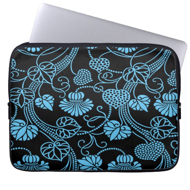 Antique Floral Pattern Black on Blue Laptop Sleeve (Front)