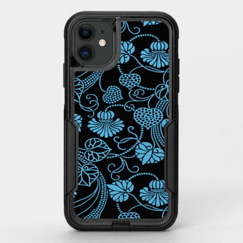 Antique Floral Pattern Black on Blue OtterBox Commuter iPhone 11 Case