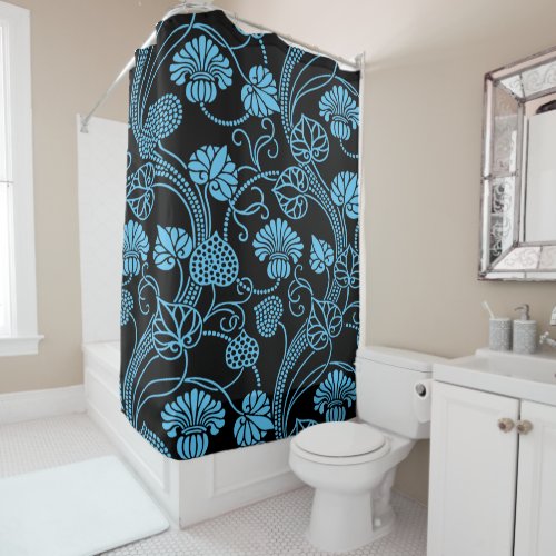 Antique Floral Pattern Black on Blue Shower Curtain