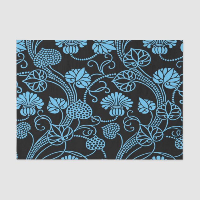 Antique Floral Pattern Black on Blue Tissue Paper (Front)