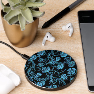 Antique Floral Pattern Black on Blue Wireless Charger