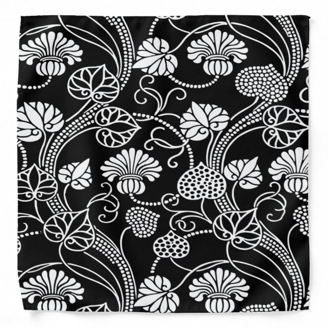 Antique Floral Pattern Black on White Bandana (Front)
