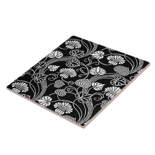 Antique Floral Pattern Black on White Ceramic Tile