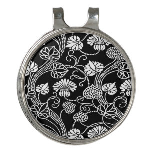Antique Floral Pattern Black on White Golf Hat Clip